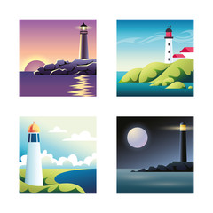Set of illustrations with sea and lighthouses