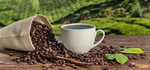 Cup of fresh coffee and roasted beans in a bag on the table against the backdrop of mountain coffee...