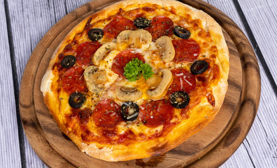 Pizzas, Fried Chicken, Sausages. 