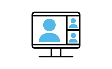 Video conference icon. People on computer screen. Home office in quarantine times. Internet virtual teaching media. Digital communication