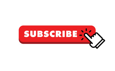 Subscribe button with hand click icon. Finger pointer clicking web site call to action. Clic vector.
