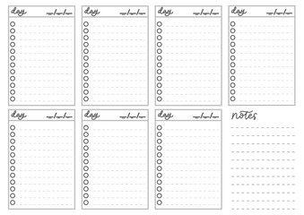 Weekly and daily checklist planner concept. To do list weekly template for business, social media, fitness and checking your progress. Vector illustration