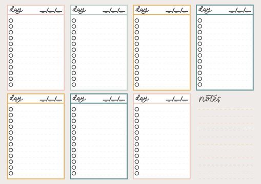 Colorful undated planner with to do lists and checklists for business, social media, self motivation etc. Printable weekly and daily undated planner. Vector illustration