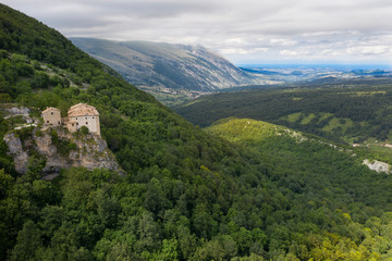 aerial view of the hermitage of the madonna dell'altare in the mountain area of the majella abruzzo italy