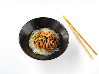 Chinese noodles with pork (pork tenderloin, rice noodles, spices, oyster sauce, dark soy sauce, sesame)