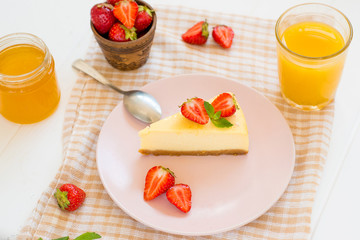 
cheesecake with strawberries and honey, delicious breakfast, homemade dessert