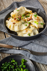Fried dumplings (pierogi) with meat filling sprinkled with greaves.