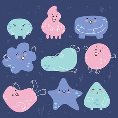 Hand-drawn multicolored doodles-monsters.Cute funny emotions. Vector set out of 9 of fun abstract monsters.Fashion illustrations for children.All elements are isolated.Funny weirdos.Smiling faces