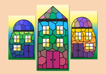 Modular picture with houses of multi-colored mosaic on a delicate background. Vector graphics