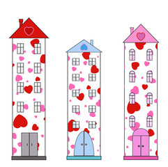Abstract white houses with hearts pattern with windows and doors. Vector graphics on a white background.