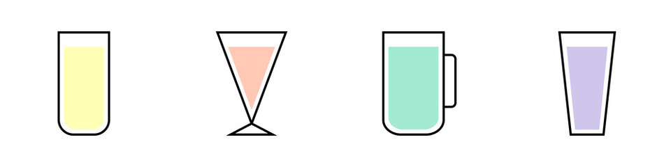 Conjunto de cócteles. Bebidas, jugos o refrescos. Logos. Bebidas frías de verano. Ilustración vectorial estilo plano