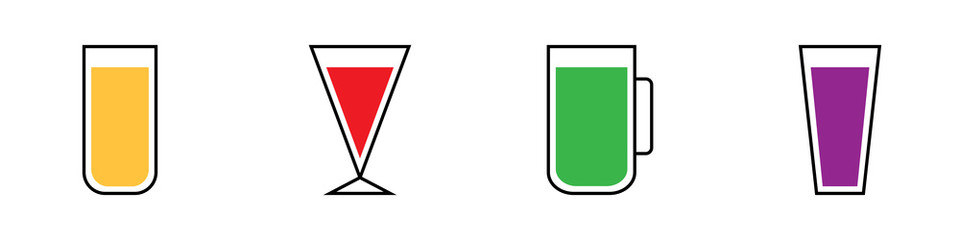 Conjunto de cócteles. Bebidas, jugos o refrescos. Logos. Bebidas frías de verano. Ilustración vectorial estilo plano