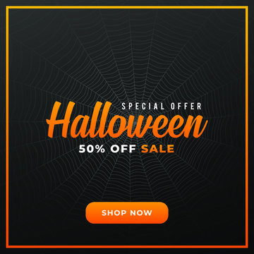 Special offer halloween 50% off modern sale banner, sign, design concept, social media post with orange and white text on a black abstract background. 