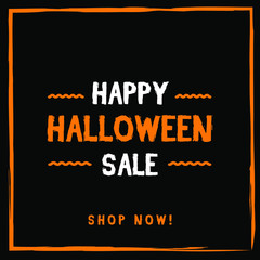 Happy halloween sale modern banner, design concept, sign, social media post with white and orange text on a black background. 