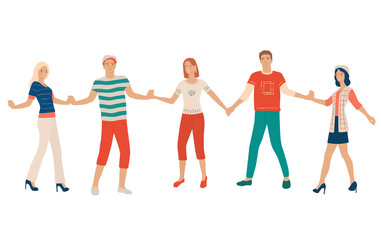 Obraz premium Set of young men and women dancing hand in hand, different colors, cartoon character, silhouettes of people, students, flat icon design concept