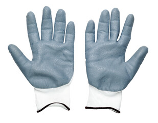Obraz premium Isolated construction rubberized gloves on a white background. Blue protective gloves for construction and operation with caustic substances. Rubber gloves for repair.