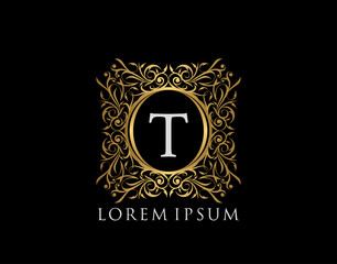 Luxury Badge Letter T Logo. Luxury gold calligraphic vintage emblem with beautiful classy floral ornament. Classy Frame design Vector illustration.