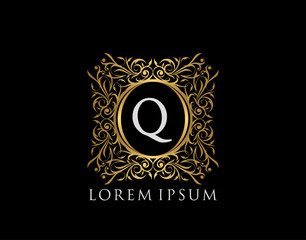 Luxury Badge Letter Q Logo. Luxury gold calligraphic vintage emblem with beautiful classy floral ornament. Classy Frame design Vector illustration.