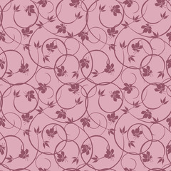 Vector floral seamless pattern. Vintage ornament with small pretty flowers, curly branches, leaves, twigs. Cute retro wallpapers. Pink color. Abstract background. Elegant repeat decorative design