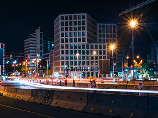 At night in stuttgart with buildings and lights - obrazy, fototapety, plakaty