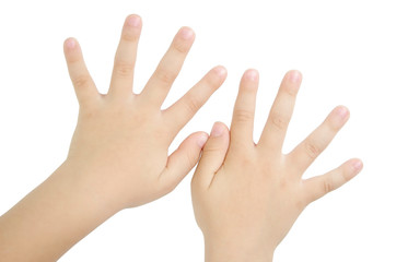 Child hands on a white background without a shadow.