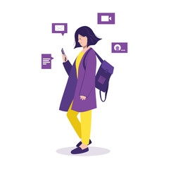 Online talking, chatting. Concept of social media. Young girl uses the phone, scrolls the news while walking. Student with backpack browsing mobile internet, spending free time. Isolated vector
