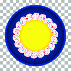 Yellow cake with cream and multicolored powder, on blue plate, top view. Vector illustration.