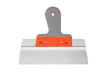 Stainless steel drywall taping knife with a soft grip handle isolated on white background
