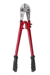 Bolt cutter with red hands isolated on white background. Hand tool for cutting chains, bolts, padlocks, rebar and etc.