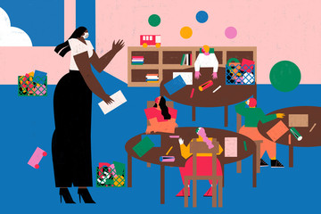 Heading back to school in the pandemic. Social distance. Stay safe concept. The teacher teaches children inside classroom keep safe distance and surgical mask under coronavirus measures.