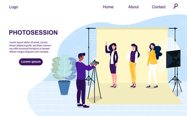 Vector illustration of photo session. Professional photographer taking photos of three girls in photo studio