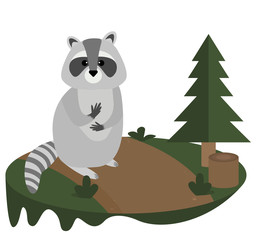 Raccoon cartoon animal on the landscape forest conception for kids book design