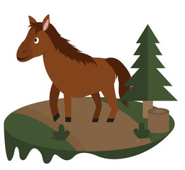 Cartoon horse on landscape, forest concept vector illustration