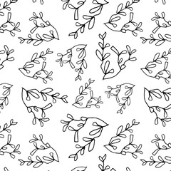 Hand drawn seamless background with leaves branch vector pattern decoration doodle plant ornament element textile summer silhouette wallpaper floral design decorative illustration