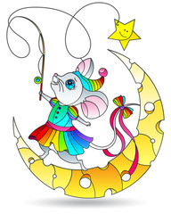 Stained glass illustration with a bright mouse with a fishing rod on the moon, isolated on a white background