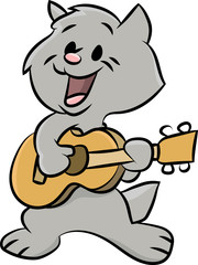 Cute cartoon cat playing guitar and singing song vector illustration