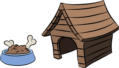 Obraz premium Cartoon dog house and a bowl full of dog food and bones