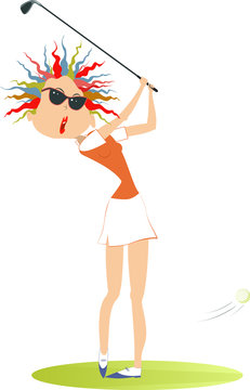 Young golfer woman on the golf course illustration. Cartoon golfer woman in sunglasses aiming to do a good kick isolated on white
