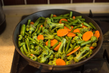 Vegan mix in pan. Soft selective focus. Healthy concept.