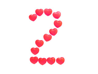 The number two is made up of small red hearts isolated on a white background. Bright red font.