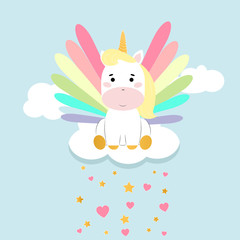 Baby unicorn with stars and hearts. Vector