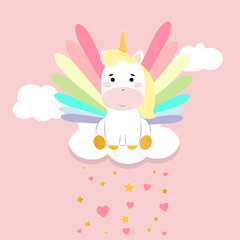 Baby unicorn with stars and hearts. Vector