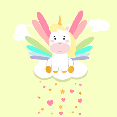 Baby unicorn with stars and hearts. Vector