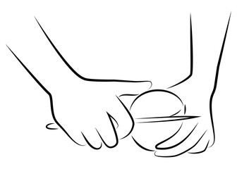 Fruit processing. Cut the pomegranate with a knife on a kitchen board. The hands of the cook are preparing food. Vector illustration.