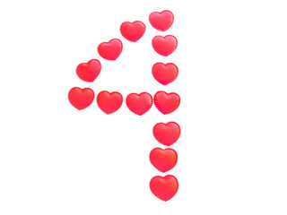 The number four is made up of small red hearts isolated on a white background. Bright red font.