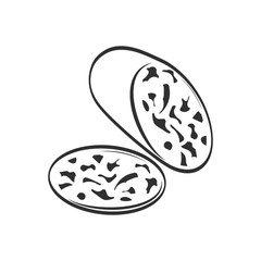 Sausage icon isolated on white. Stencil food. Sketch vector stock illustration. EPS 10