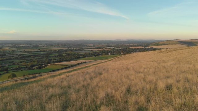 Aerial view of countryside at sunset, Salisbury Plains, Wiltshire