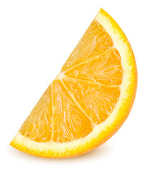 Isolated orange fruit. Ripe slice of orange citrus fruit stand isolated on white background. Orange citrus fruit wedge with clipping path
