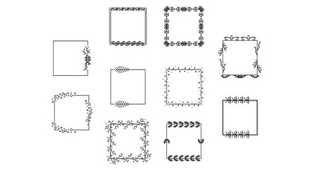 Set Black Simple Line Collection Doodle Square Floral Frame Leaves Elements Vector Design Style Sketch Isolated Illustration For Banner