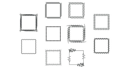 Set Black Simple Line Collection Doodle Square Floral Frame Leaves Elements Vector Design Style Sketch Isolated Illustration For Banner